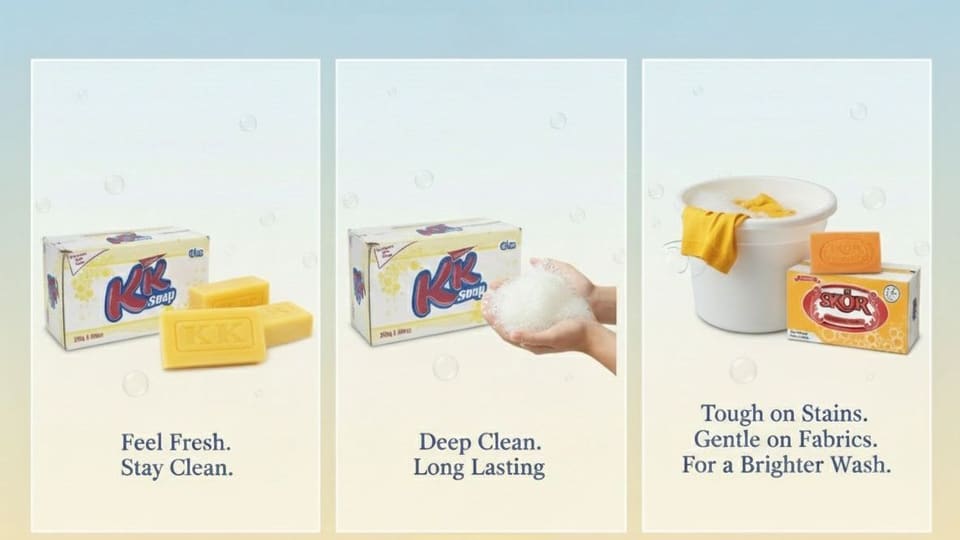 Three panels: a KK carton with bars captioned Feel Fresh. Stay Clean.; hands full of lather captioned Deep Clean. Long Lasting.; and a SKOR pack beside a wash basin captioned Tough on Stains. Gentle on Fabrics. For a Brighter Wash.