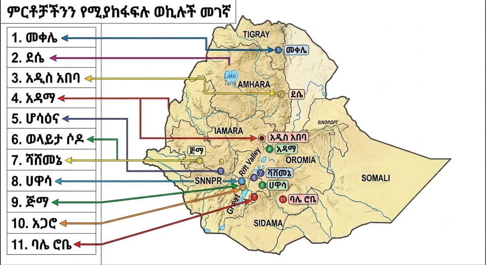 Map of Ethiopia marking the eleven cities where Colas distribution agents are located: Mekelle, Dessie, Addis Ababa, Adama, Hosaena, Wolaita Sodo, Shashemene, Hawassa, Jimma, Agaro and Bale Robe.