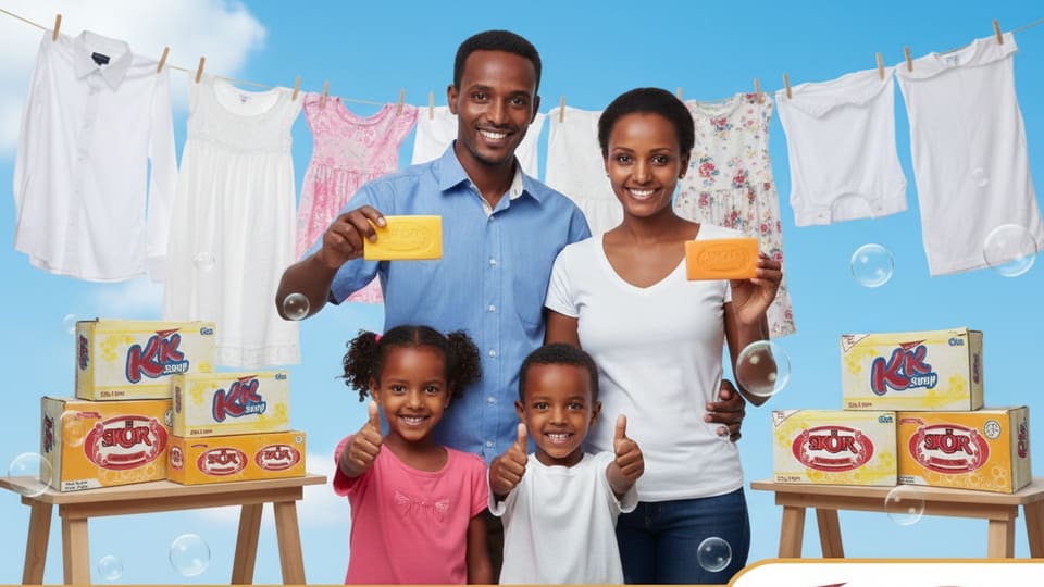 A family holding KK and SKOR bars in front of a washing line, with cartons stacked either side.