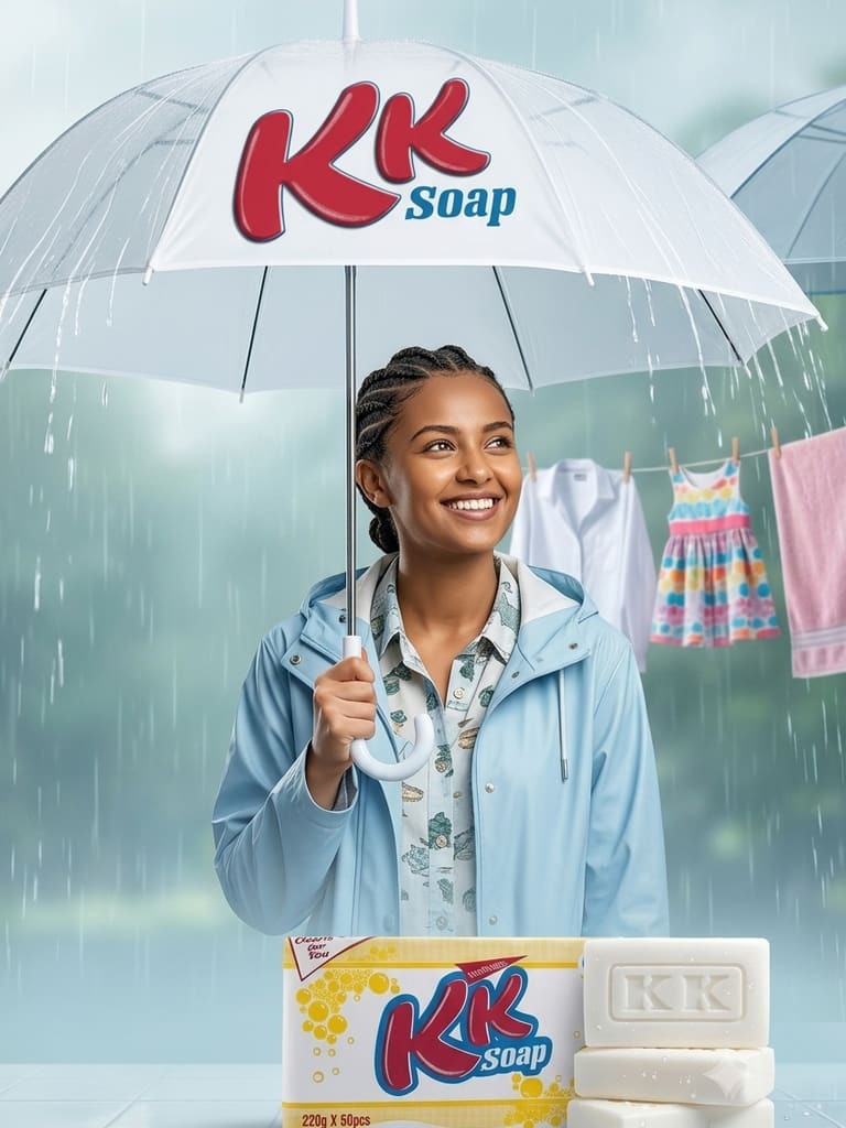 A woman under a KK Soap umbrella in the rain, with washing on the line behind her.