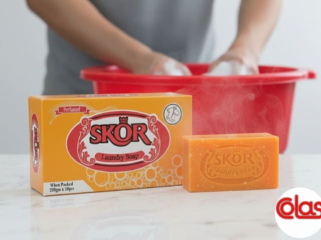 A SKOR Laundry Soap carton and bar beside a red wash basin.